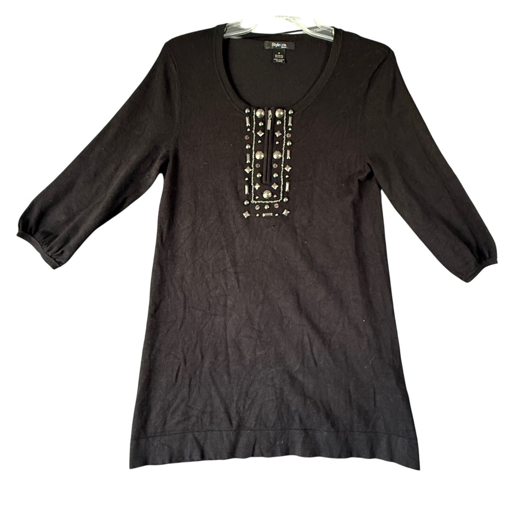 Style & Co‎ Petite Black Embellished 3/4 Sleeve Knit Dress
